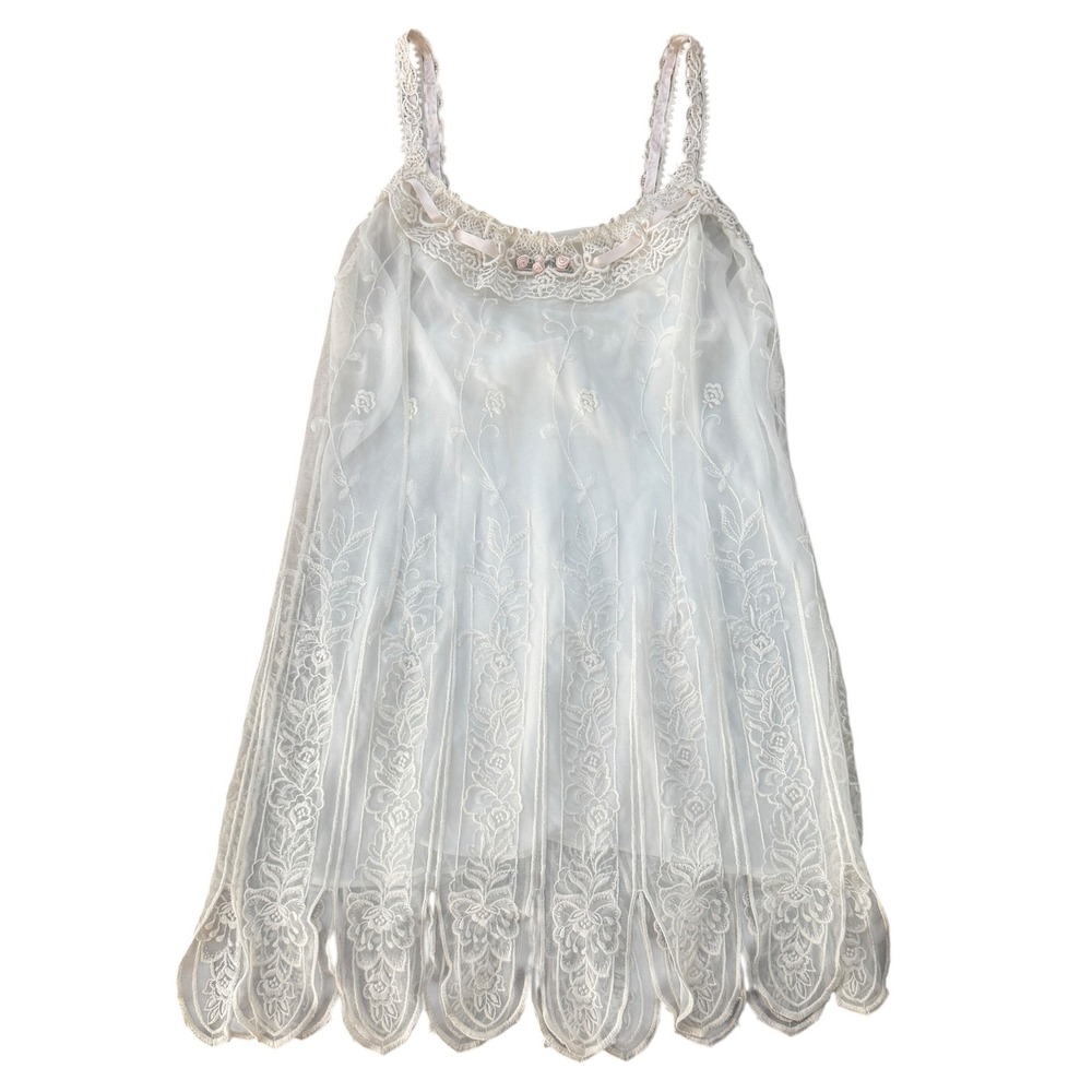 Vintage F Cera Hilrsoz Lace Slip Dress Embroidered Floral Rosette Small Ivory